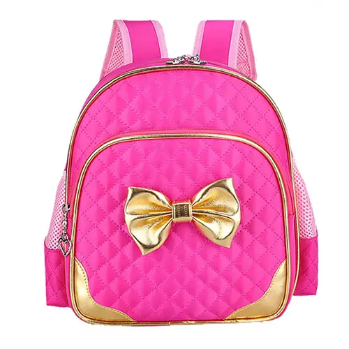 Quilted Pink Backpack with Golden Bow Accent and Customizable Logo